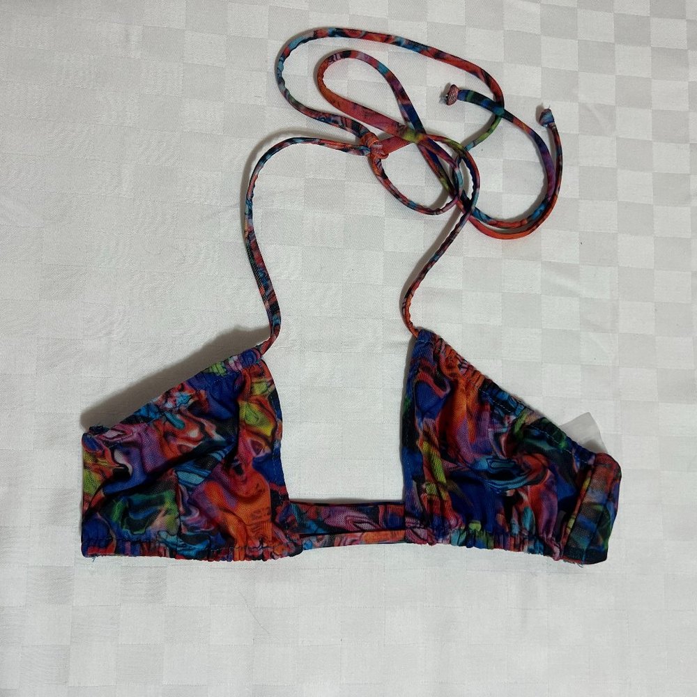 Gonza Bikini Top Size Small in Virginia Print Halter Neckline Blue Orange